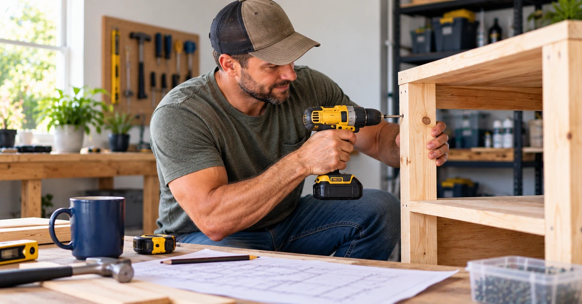 Man building a wooden shelving unit in a workshop, illustrating meaningful progress before a project reaches its final result.