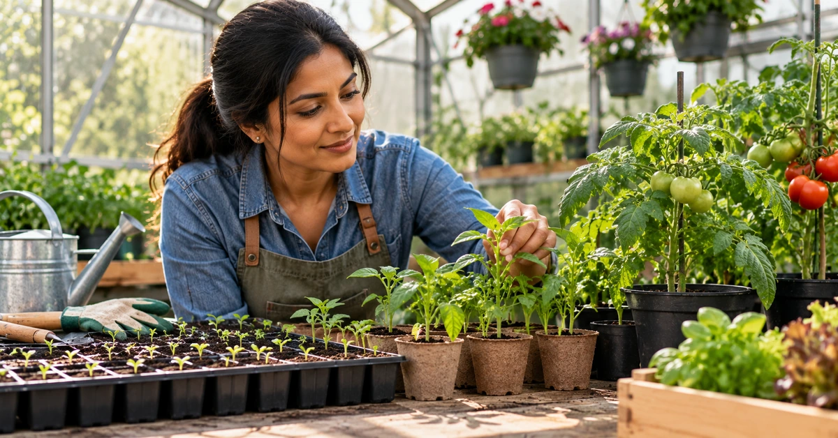 Woman tending seedlings and mature plants in a greenhouse, illustrating meaningful stages of progress before reaching the final result.