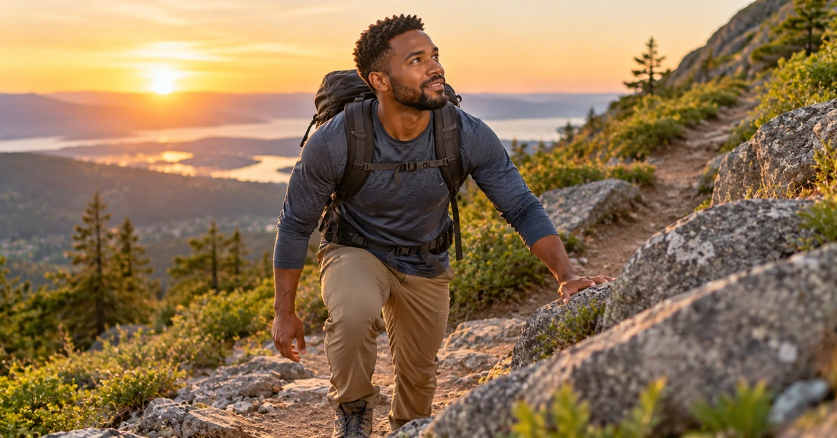 Hiker continuing uphill toward a mountain destination, illustrating meaningful progress before reaching the final milestone.