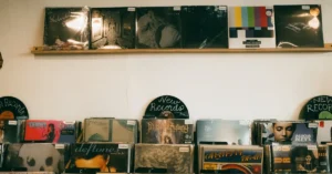 Curated display of vinyl records in a record shop, illustrating why a growing affiliate blog should selectively feature and promote its strongest content.