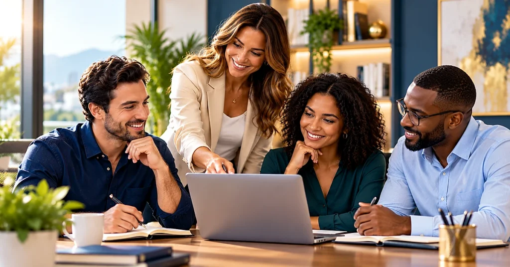 Four professionals collaborating around a laptop in a bright modern office, illustrating guided online business learning.