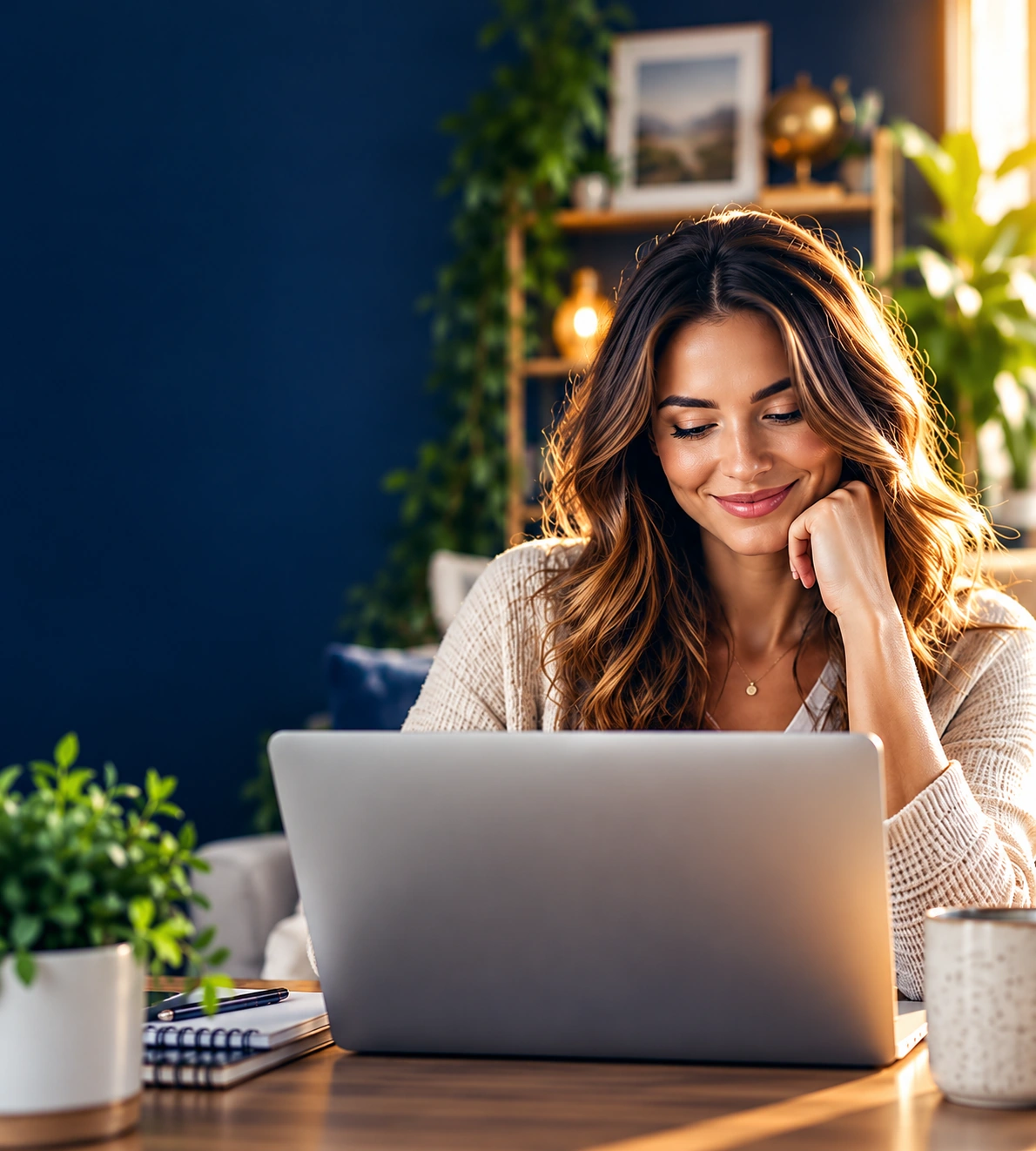 Smiling woman working on a laptop in a warmly lit modern home office with green plants and a deep navy background.