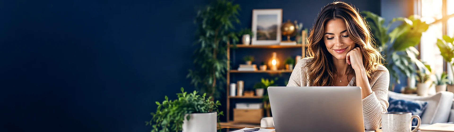 Woman exploring online resources on a laptop in a warmly lit workspace with plants and a navy background.