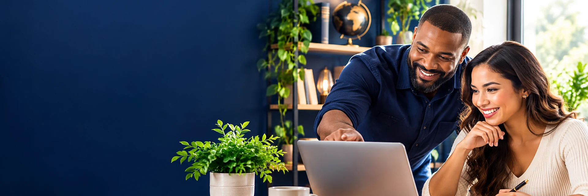 An experienced mentor helps a smiling beginner learn at a laptop in a bright, welcoming workspace.