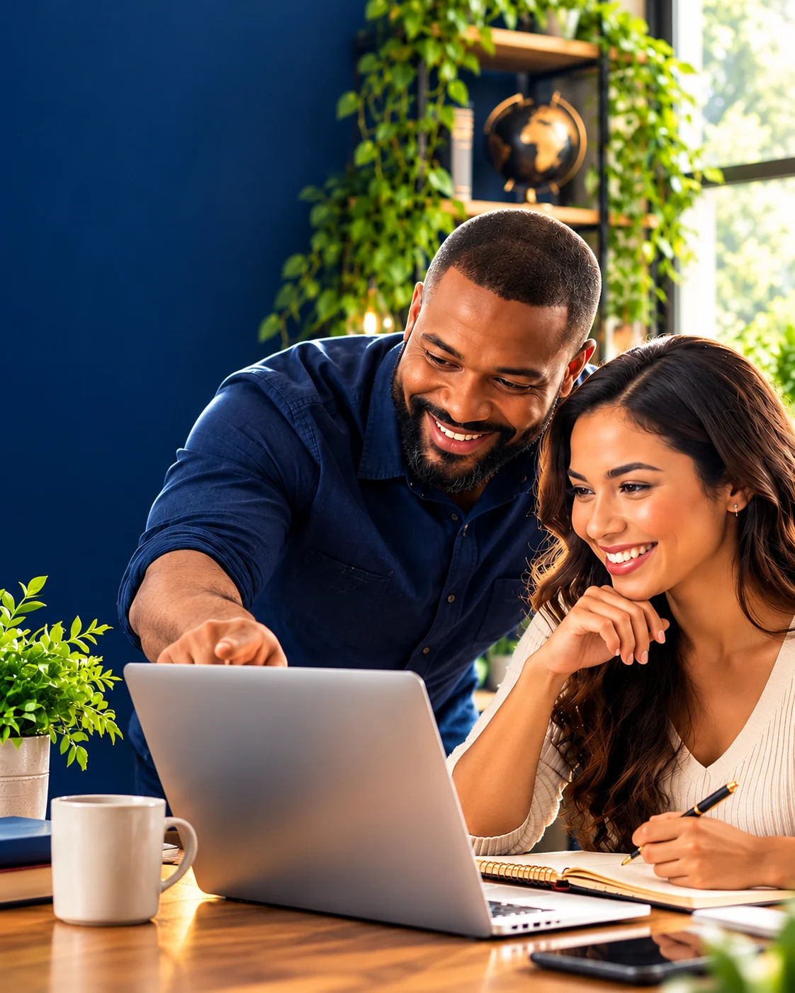 A smiling mentor guides a beginner through a laptop activity in a bright workspace with plants and natural light.