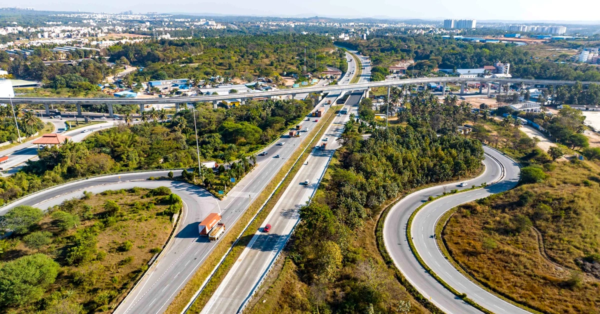 Aerial highway interchange with multiple branching routes representing different affiliate content opportunities and decisions