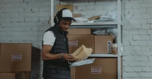Warehouse worker organizing packages and reviewing a checklist, illustrating how affiliate email subscribers can be grouped into useful segments.