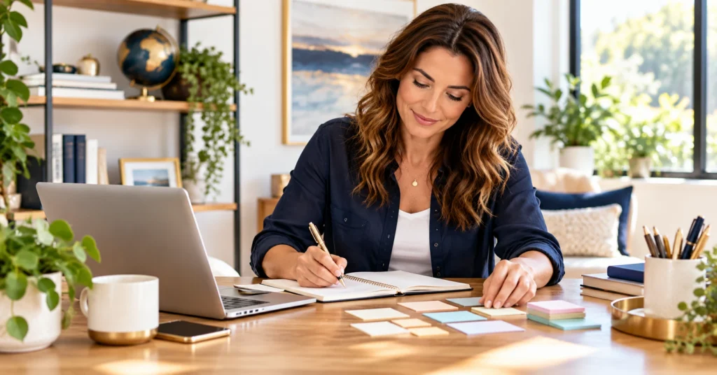 A focused beginner organizes notes and writes a simple plan beside a laptop in a bright home office.