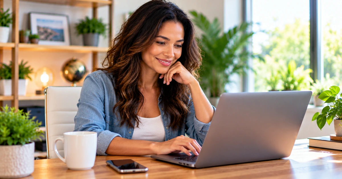 Affiliate marketer working calmly on a laptop while maintaining a consistent and sustainable email routine