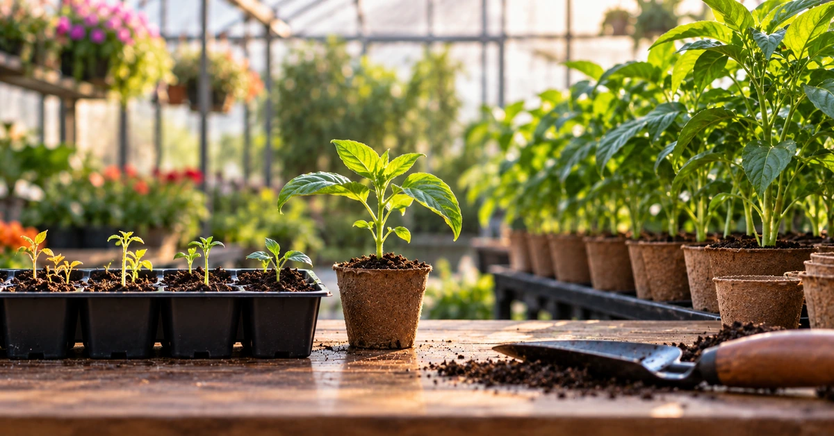 Seedlings at different stages of growth in a greenhouse, illustrating testing an affiliate offer before scaling promotion.