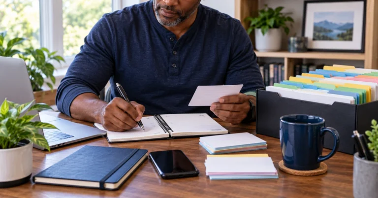 Man organizing cards and notes at a desk, illustrating a simple system for keeping affiliate links organized across a growing blog.