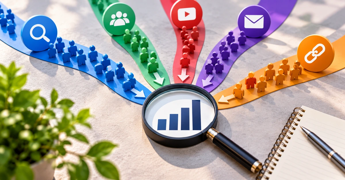 Different traffic sources flowing into one analytics review to compare where affiliate blog visitors came from.