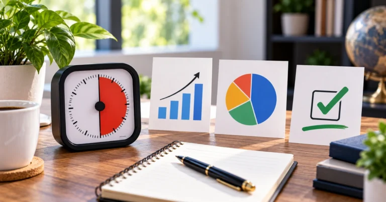 Thirty-minute timer beside traffic growth, source mix, and next-action indicators for a weekly affiliate blog traffic review.