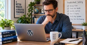 Website administrator reviewing a laptop and troubleshooting checklist while investigating WordPress plugin conflicts.
