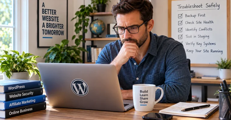 Website administrator reviewing a laptop and troubleshooting checklist while investigating WordPress plugin conflicts.